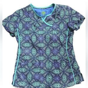 Healing Hands women’s scrub top blue purple pattern cotton front pockets size S